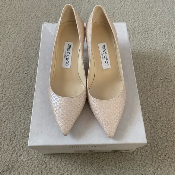 Jimmy Choo Nude Aza Pearlised Printed Leather Pointy Toe Heels - Picture 10 of 11